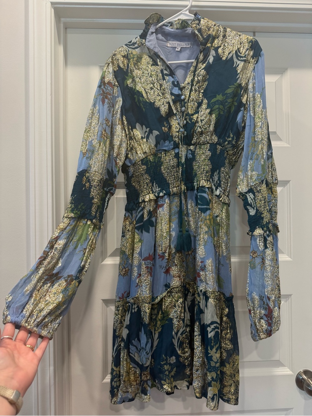 Just Bellina Teal, Light Blue & Gold Floral Smocked Waist Long-Sleeve Dress